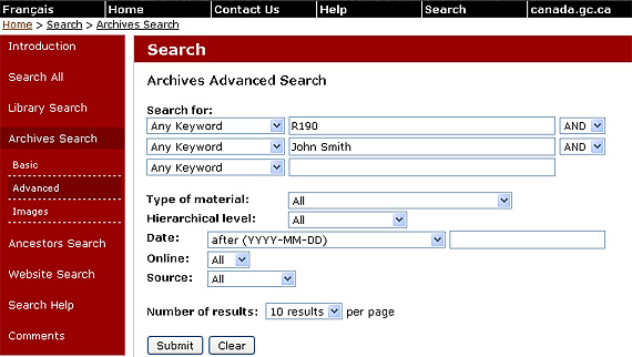 Screenshot of the Archives Advanced Search screen showing search fields, options, text boxes with sample keywords, R190 and JOHN SMITH in this case, and drop-down lists with default or specified settings