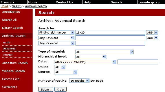 Screenshot of the Archives Advanced Search screen showing search fields, options, a text box with a sample finding aid number, 15-20, and drop-down lists with default or specified settings
