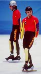 Canada's Eric Bedard and Derrick Campbell (blue helmets) compete in the men's short track speed skating relay event at the 1998 Nagano Winter Olympic Games. (CP Photo/ COA/ Scott Grant)