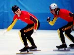Canada's Eric Bedard and Derrick Campbell (blue helmets) compete in the men's short track speed skating relay event at the 1998 Nagano Winter Olympic Games. (CP Photo/ COA/ Scott Grant)