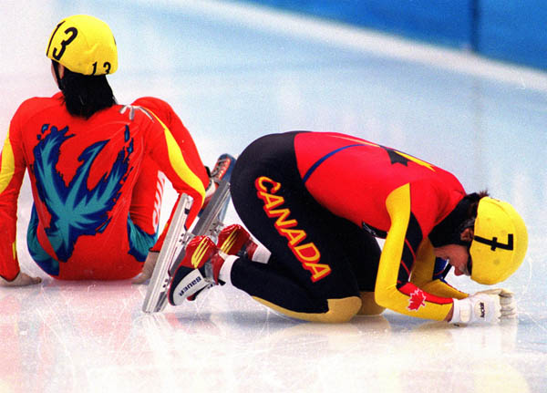 Canada's Isabelle Charest shows emotion after a disappointing fall during the race at the 1998 Nagano Winter Olympics. (CP PHOTO/COA)