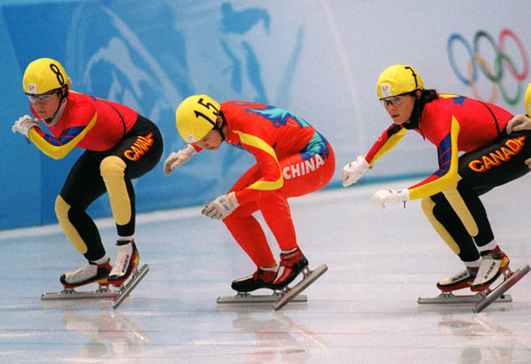 Canada's Isabelle Charest (L) and Annie Perreault are ready for the starting whistle at the 1998 Nagano Winter Olympics. (CP PHOTO/COA)