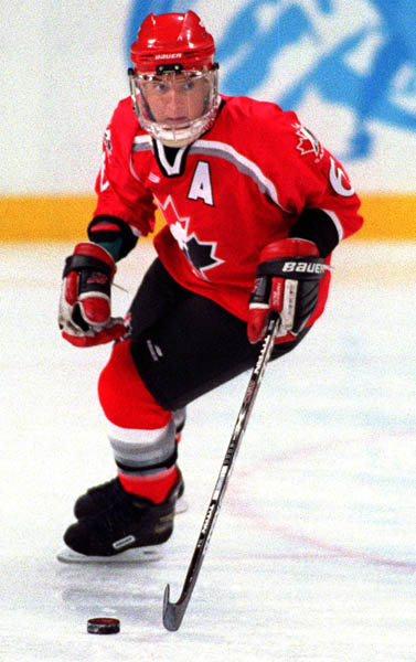 Canada's Therese Brisson playing women's hockey at the 1998 Nagano Winter Olympics. (CP PHOTO/COA)
