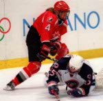 Canada's Becky Kellar in action against her opponent at the 1998 Nagano Winter Olympics. (CP PHOTO/COA)