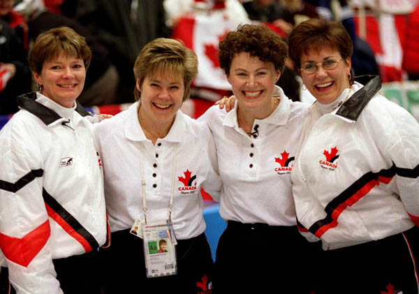 Canada's women's curling team (left to right) Jan Betker, Marcia Gudereit, Joan McCusker and Sandra Schmirler at the 1998 Nagano Winter Olympics. (CP PHOTO/COA)
