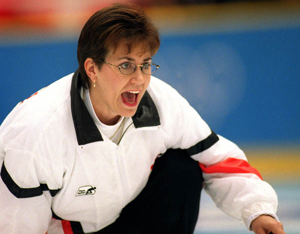 Canada's Sandra Schmirler yells directions at her team-mates during a curling match at the 1998 Nagano Winter Olympics. (CP PHOTO/COA)
