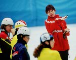 Canada's short track speed skating head coach Nathalie Grenier gives out instructions at the 1998 Nagano Winter Olympic Games. (CP Photo/ COA/ Scott Grant)