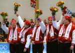 Canada's men's curling team left to right; Paul Savage, George Karrys, Collin Mitchell, Richard Hart and Mike Harris after winning the silver medal at the 1998 Nagano Winter Olympics. (CP PHOTO/COA)