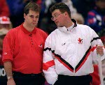 Canada's Richard Hart (L) and Mike Harris part of the men's curling team at the 1998 Nagano Winter Olympics. (CP PHOTO/COA)