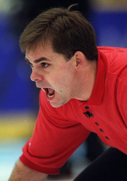 Canada's Richard Hart yells instructions to his team-mates during a curling match at the 1998 Nagano Winter Olympics. (CP PHOTO/COA)