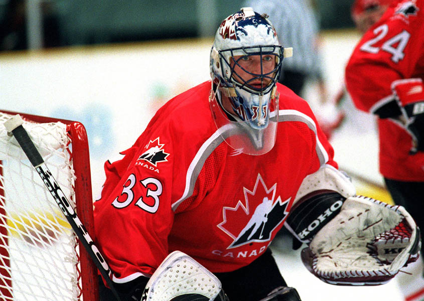 Canada's Patrick Roy goaltending at the 1998 Nagano Winter Olympics. (CP PHOTO/COA)