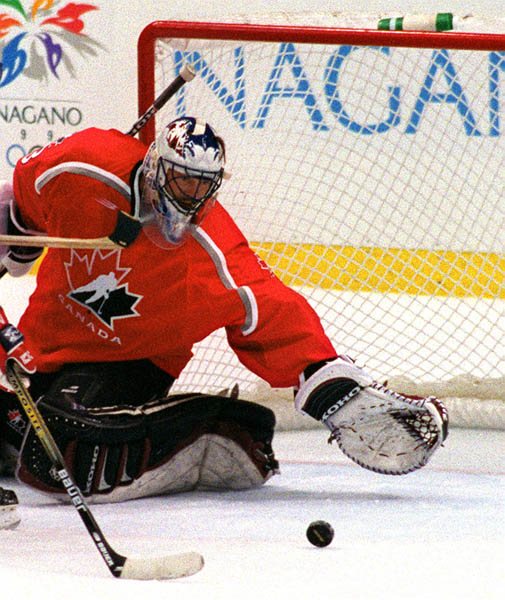 Canada's Patrick Roy in action at the 1998 Nagano Winter Olympics. (CP PHOTO/COA)