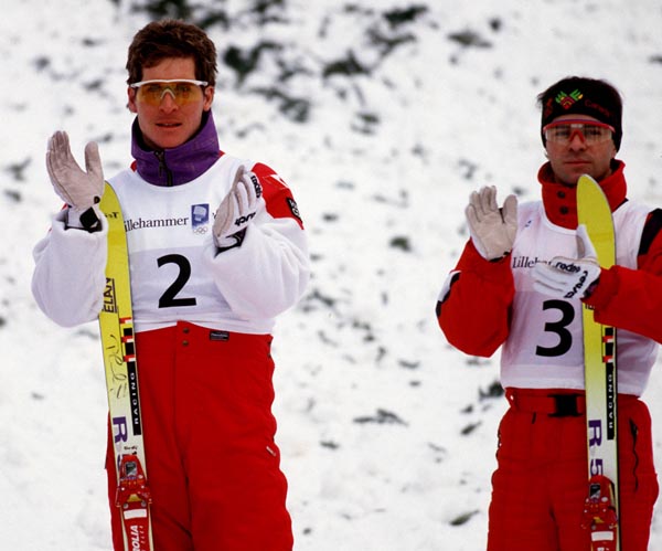 Canada's Phillipe Laroche (l) and Lloyd Langlois competed in the freestyle ski event at the 1994 Lillehammer Winter Olympics. (CP PHOTO/ COA)