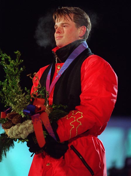 Canada's Jean-Luc Brassard on the winners podium  at the 1994 Lillehammer Winter Olympics. (CP PHOTO/ COA)