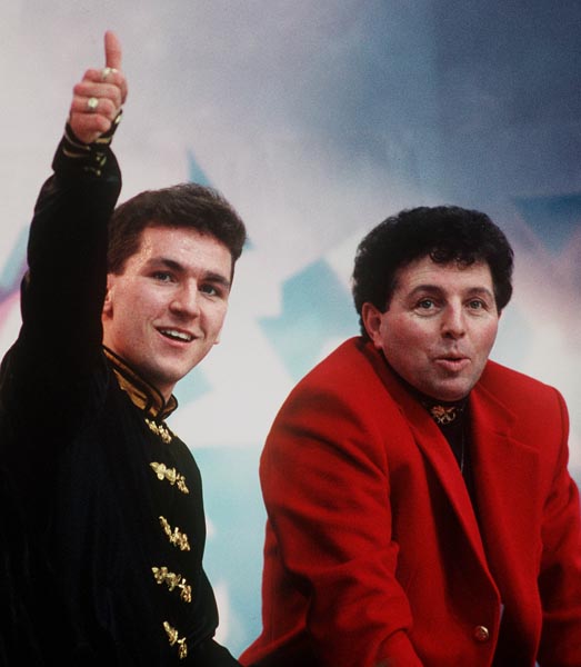 Canada's Elvis Stojko with his coach Doug Leigh at the 1994 Lillehammer Winter Olympics. (CP PHOTO/ COA)
