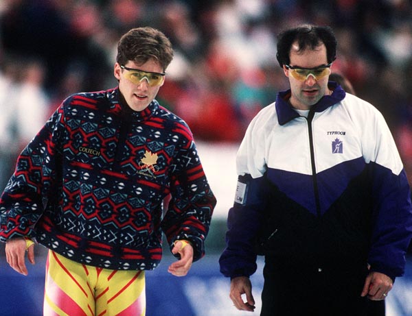 Canada's Sylvain Bouchard with his coach Robert Tremblay at the 1994 Lillehammer Winter Olympics. (CP PHOTO/ COA)