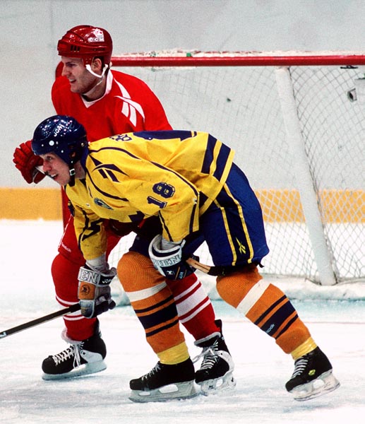 Canada's David Harlock in action during the gold medal game which Sweden won 3-2 in a shoot out at the 1994 Lillehammer Winter Olympics. (CP PHOTO/ COA)