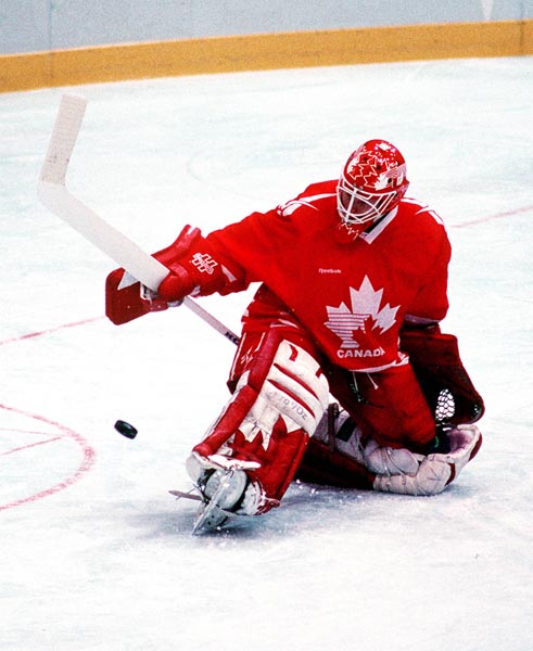 Canada's Corey Hirsch in action during the gold medal game which Sweden won 3-2 in a shoot out at the 1994 Lillehammer Winter Olympics. (CP PHOTO/ COA)