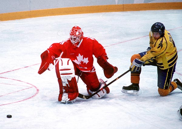 Canada's Corey Hirsch in action during the gold medal game which Sweden won 3-2 in a shoot out at the 1994 Lillehammer Winter Olympics. (CP PHOTO/ COA)