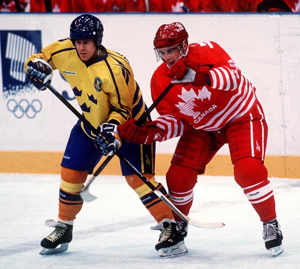 Canada's Ken Lovsin in action during the gold medal game which Sweden won 3-2 in a shoot out at the 1994 Lillehammer Winter Olympics. (CP PHOTO/ COA)