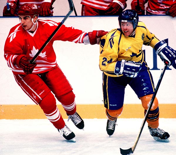 Canada's Brad Werenka in action during the gold medal game which Sweden won 3-2 in a shoot out at the 1994 Lillehammer Winter Olympics. (CP PHOTO/ COA)