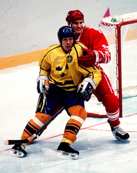 Canada's David Harlock in action during the gold medal game which Sweden won 3-2 in a shoot out at the 1994 Lillehammer Winter Olympics. (CP PHOTO/ COA)