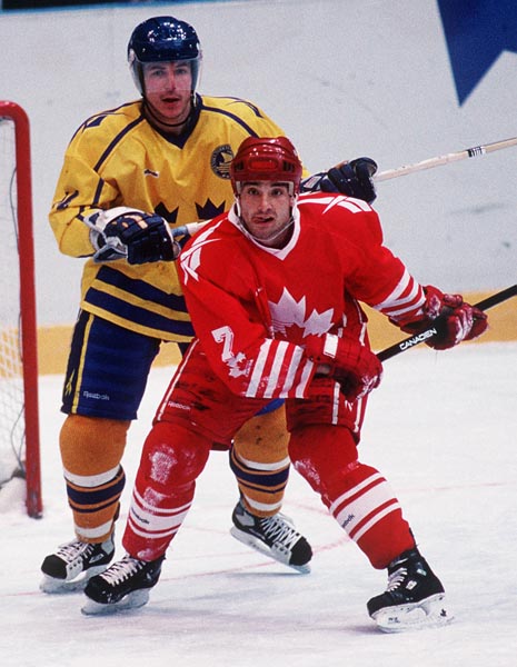 Canada's Todd Hlushko in action during the gold medal game which Sweden won 3-2 in a shoot out at the 1994 Lillehammer Winter Olympics. (CP PHOTO/ COA)