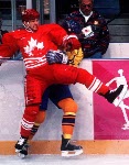 Canada's Todd Hlushko competes in hockey action at the 1994 Winter Olympics in Lillehammer. (CP Photo/COA/Claus Andersen)