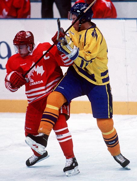 Canada's Fabian Joseph in action during the gold medal game which Sweden won 3-2 in a shoot out at the 1994 Lillehammer Winter Olympics. (CP PHOTO/ COA)