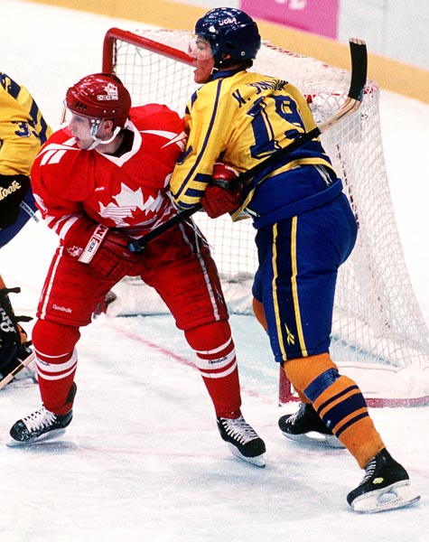 Canada's Fabian Joseph in action during the gold medal game which Sweden won 3-2 in a shoot out at the 1994 Lillehammer Winter Olympics. (CP PHOTO/ COA)