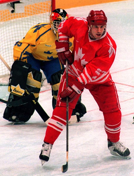 Canada's Chris Kontos in action during the gold medal game which Sweden won 3-2 in a shoot out at the 1994 Lillehammer Winter Olympics. (CP PHOTO/ COA)