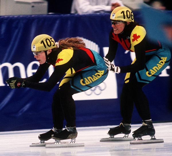 Canada's Christine Boudrias and Isabelle Charest participating in the speed skating relay event at the 1994 Lillehammer Winter Olympics. (CP PHOTO/ COA)
