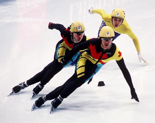 Canada's Frederic Blackburn and Derek Campbell (front) competing in the speed skating event at the 1994 Lillehammer Winter Olympics. (CP PHOTO/ COA)