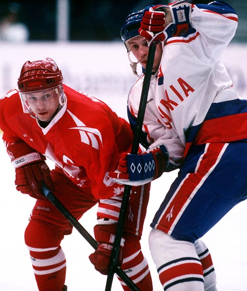 Canada's Fabian Joseph in action against Slovakia at the 1994 Lillehammer Winter Olympics. (CP PHOTO/ COA)