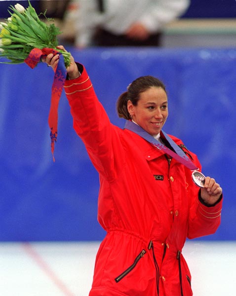 Canada's Nathalie Lambert stands on the winners podium after winning the silver medal for women's speed skating at the 1994 Lillehammer Winter Olympics. (CP PHOTO/ COA)