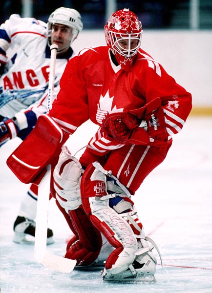 Canada's Corey Hirsch in action against France at the 1994 Lillehammer Winter Olympics. (CP PHOTO/ COA)