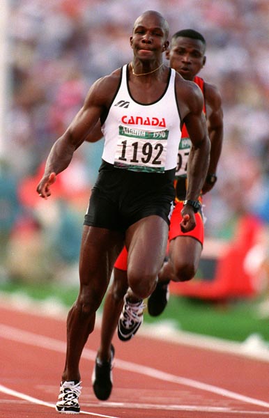Canada's Donovan Bailey (front) competing in the men's 100m event at the 1996 Atlanta Summer Olympic Games. (CP PHOTO/COA/Claus Andersen)