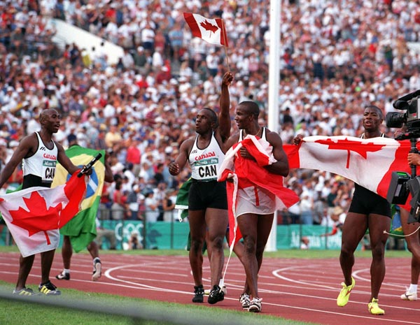 Canada's men's 4x100m relay team; (Left to Right) Robert Esmie, Bruny Surin, Donovan Bailey and Glenroy Gilbert are seen at the 1996 Atlanta Olympic Games.