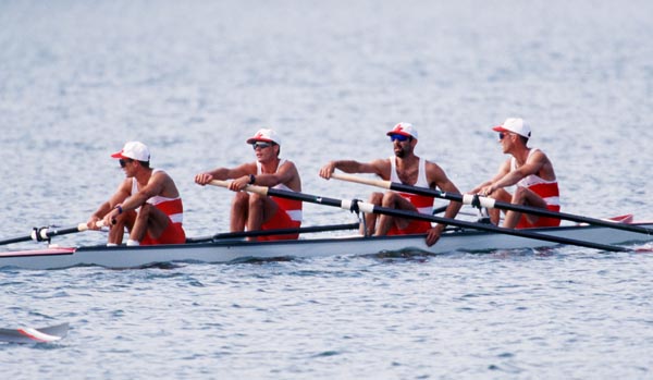 Canada's Four without coxswain (4-) Men rowing team; (Left to Right) Brian Peaker, Gavin Hassett, Dave Boyes and Jeff Lay are seen at the 1996 Atlanta Olympic Games. (CP Photo/ COA/ Claus Andersen)