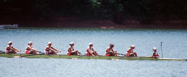 Canada's women's 8+ rowing team are seen at the 1996 Atlanta Olympic Games. (CP Photo/ COA/Claus Andersen )