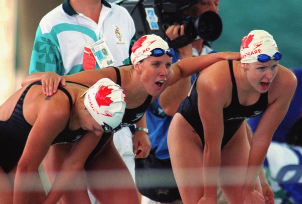 Canada's (from left) Andrea Moody, Claire Howard and Shannon Shakespeare at the 1996 Atlanta Summer Olympic Games. (CP PHOTO/COA/Mike Ridewood)
