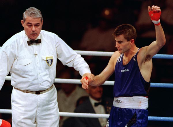 Canada's Mike Strange boxing at the 1996 Atlanta Summer Olympic Games. (CP PHOTO/COA/Scott Grant)