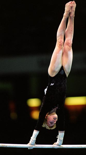 Canada's Shanyn MacEachern competing in the gymnastics event at the 1996 Atlanta Summer Olympic Games. (CP PHOTO/COA/Scott Grant)