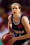 Canada's Andrea Blackwell dribbles the ball during women basketball action at the 1996 Atlanta Summer Olympic Games. (CP Photo/COA/Scott Grant)