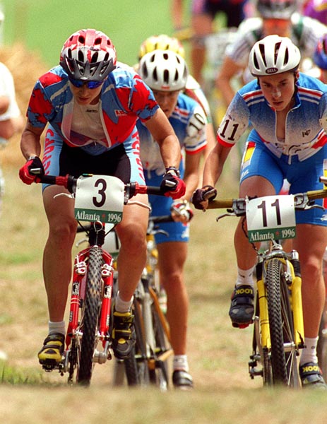 Canada's Alison Sydor (left) competing in the cross country cycling event at the 1996 Atlanta Summer Olympic Games. (CP PHOTO/COA/Mike Ridewood)