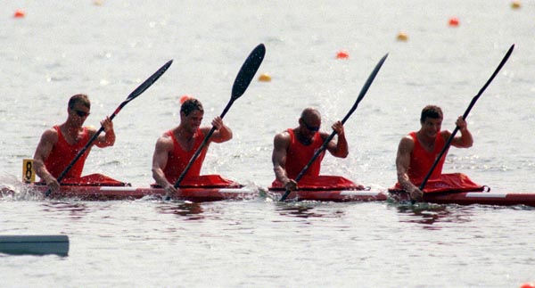 Canada's kayak sprint team, left to right, Peter Giles, Liam Jewell, Renn Crichlow and Mihai Apostal at the 1996 Atlanta Summer Olympic Games. (CP PHOTO/COA/Mike Ridewood)