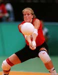 Canada's Kathryn Tough (left) and Katrina von Sass competing in the women's volleyball event at the 1996 Atlanta Summer Olympic Games. (CP PHOTO/COA/Scott Grant)