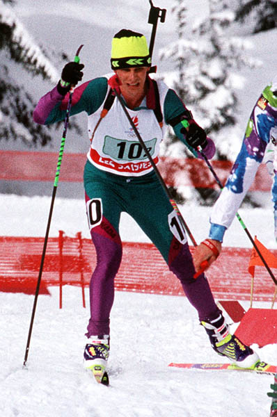 Canada's Jean Paquet competing in the biathlon event at the 1992 Albertville Olympic winter Games. (CP PHOTO/COA/Ted Grant)