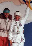 Canada's Myriam Bdard celebrates the bronze medal she won in the women's biathlon event at the 1992 Albertville Olympic winter Games. (CP PHOTO/COA/Ted Grant)