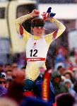 Canada's Kerrin Lee Gartner celebrates the gold medal she won in the alpine ski event at the 1992 Albertville Olympic winter Games. (CP PHOTO/COA/F. Scott Grant)